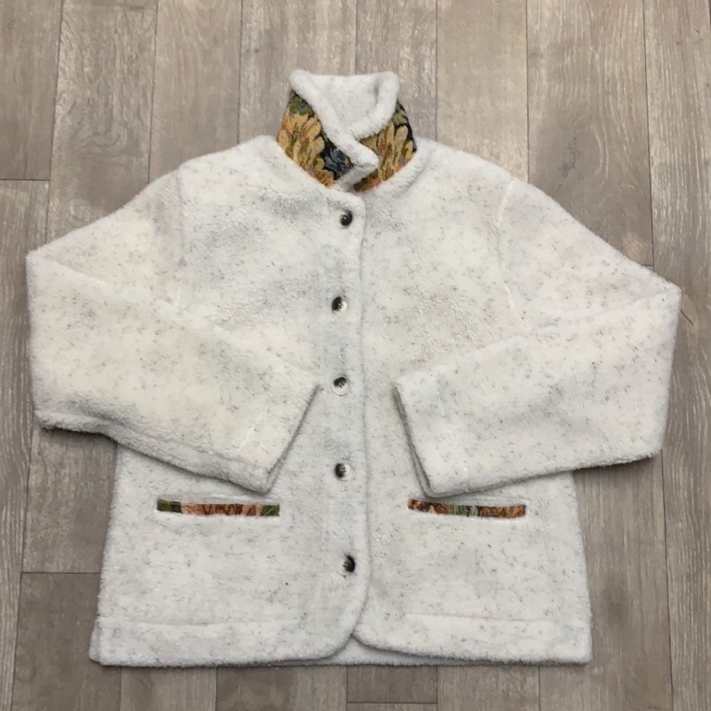 ORVIS Women's Sherpa Jacket Sz Medium Cream w/Gray Flecks Tapestry Lined Pockets